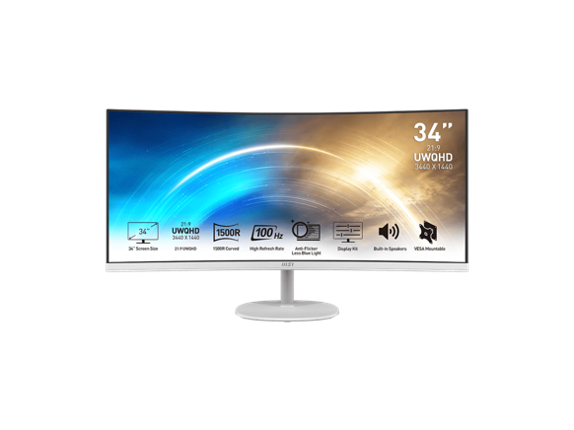 MSI 34 inch Ultrawide QHD 2K 1440P 100Hz AMD FreeSync 1ms Anti-Flicker & Low Blue Light 1500R Curved White LCD Computer Monitor with Built-in Speakers